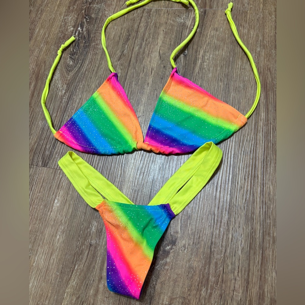 Rainbow Bikini Thong Set with Neon Straps